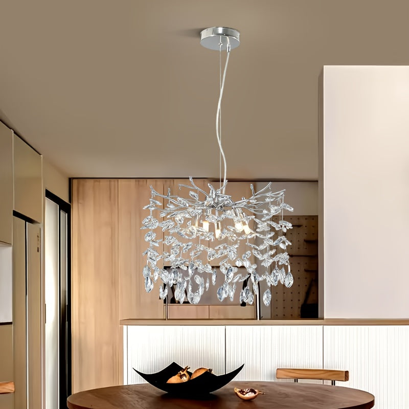 Lustre argenté à rameaux et pampilles de cristal, 5 lumières, Ø 30 cm