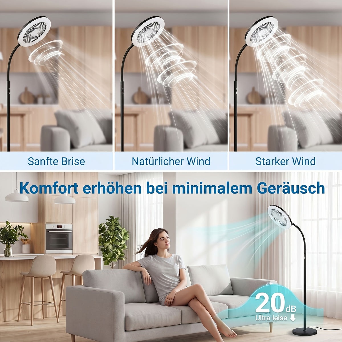 Lampadaire à ventilateur et lumière LED RVB sur col de cygne, 185 cm