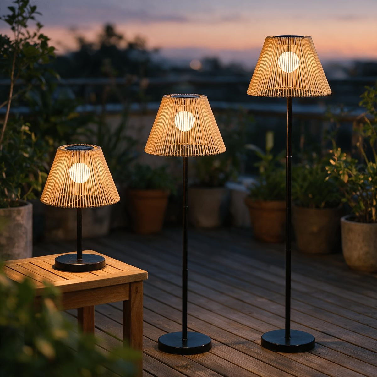 Lampadaire solaire effet rotin à trois hauteurs pour terrasse