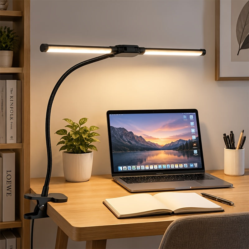 Lampe de bureau à pince double barre LED noire, col de 29 cm