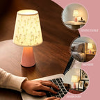 Lampe de chevet rose à abat-jour en lin semé de fleurettes, USB