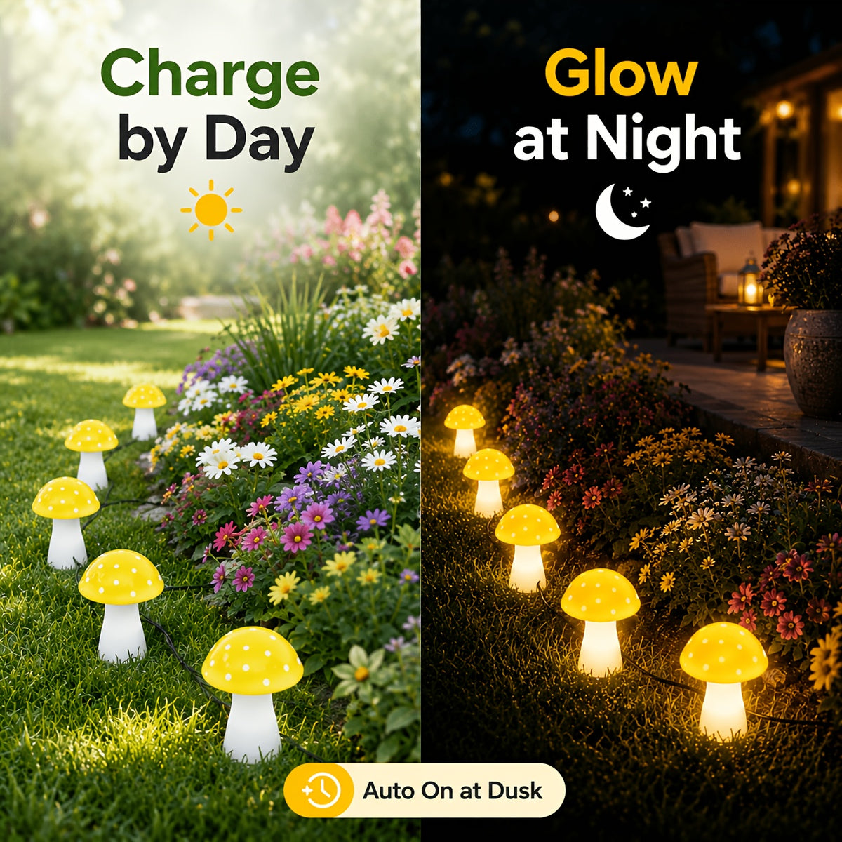 Guirlande solaire de champignons jaunes lumineux, 10 ou 20 LED