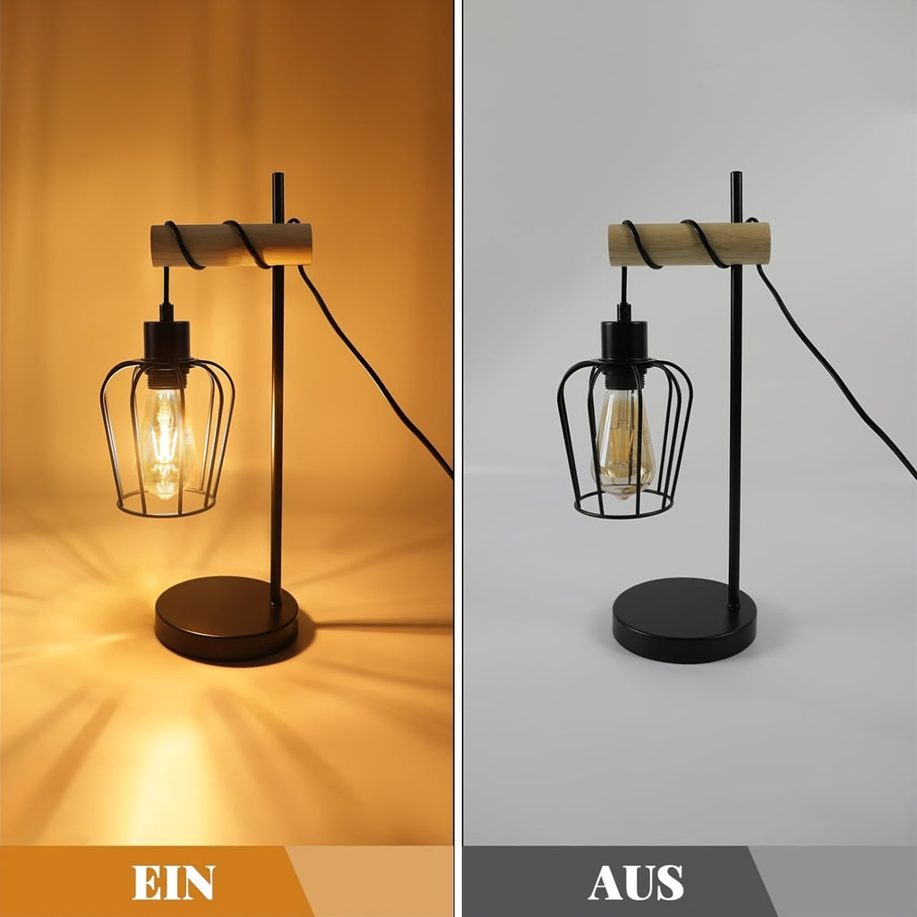 Lampe de table industrielle à cage suspendue, métal noir et bois