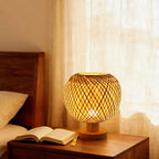 Lampe de chevet boule en bambou tressé croisé, 22 cm, câble USB