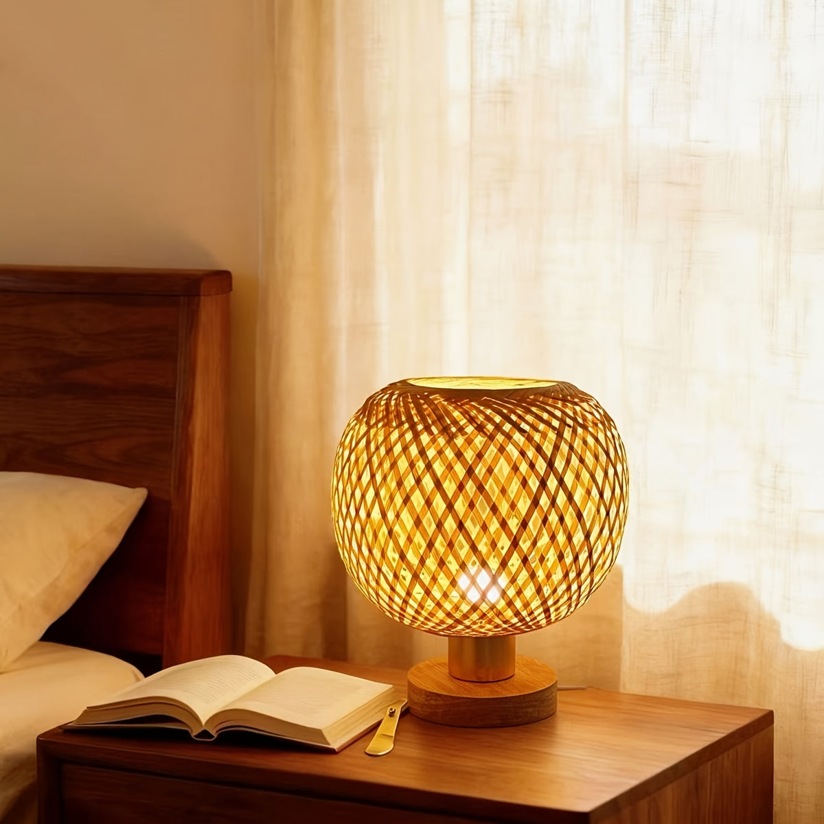 Lampe de chevet boule en bambou tressé croisé, 22 cm, câble USB