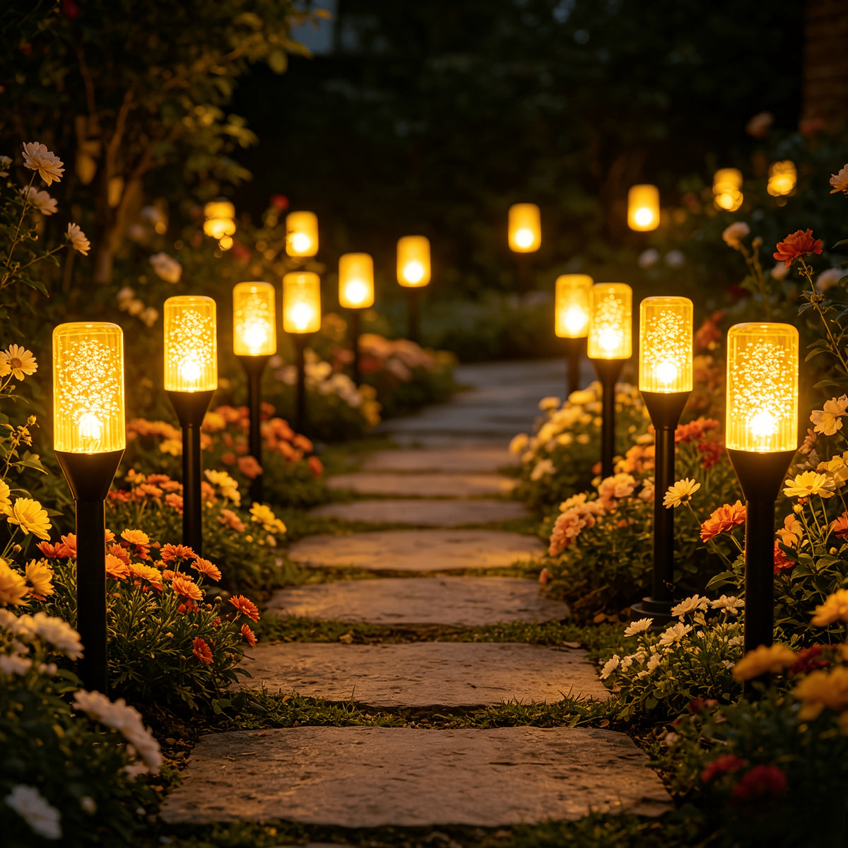 Piquets lumineux à bulles pour border un massif fleuri