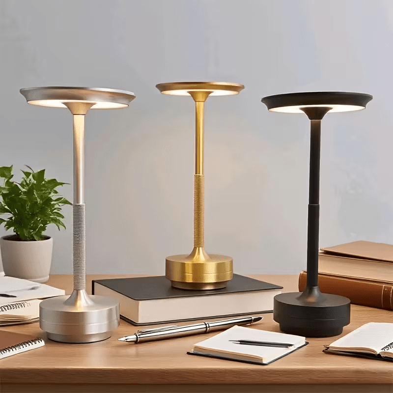 Lampe de table LED sans fil à tête disque et tige moletée, 3 coloris