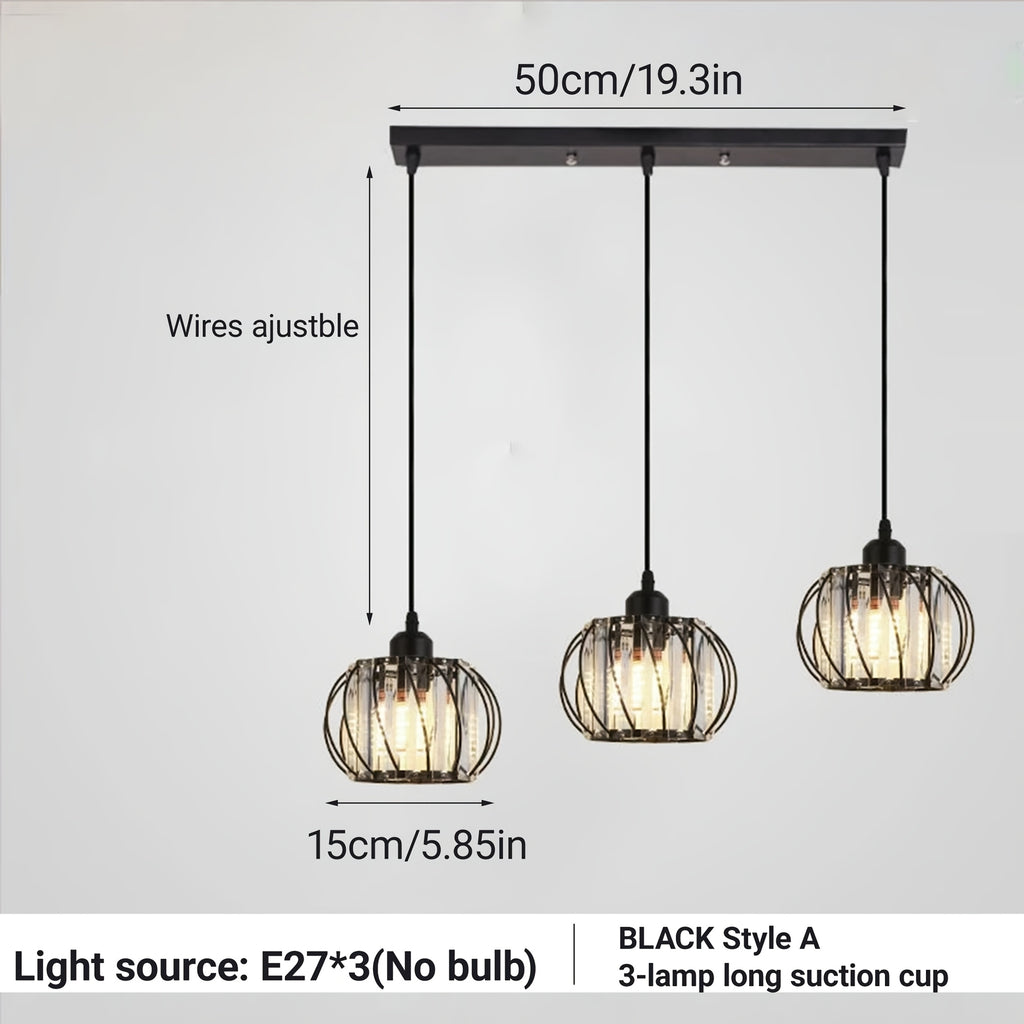 Lustre 3 globes en cristal et cage en métal, noir ou doré, E27