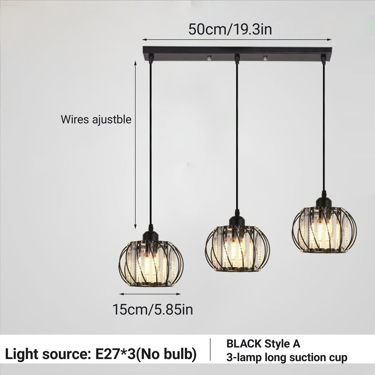 Lustre 3 globes en cristal et cage en métal, noir ou doré, E27