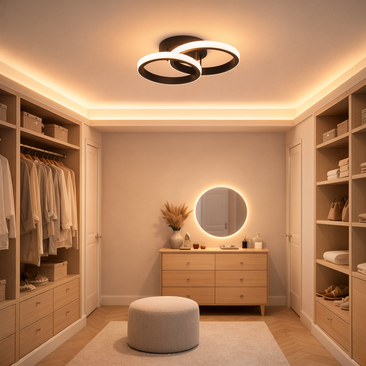Plafonnier LED double anneau noir aux cercles entrelacés