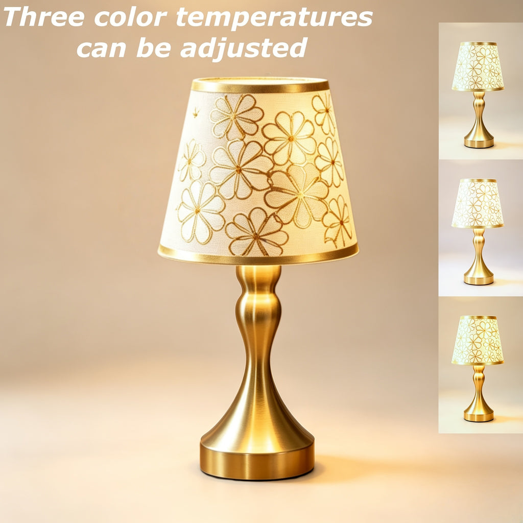 Lampe de chevet dorée à abat-jour fleuri, trois teintes de lumière