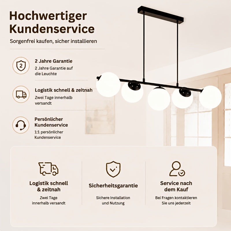 Suspension 5 globes en verre opalin, barre de 90 cm noire ou dorée