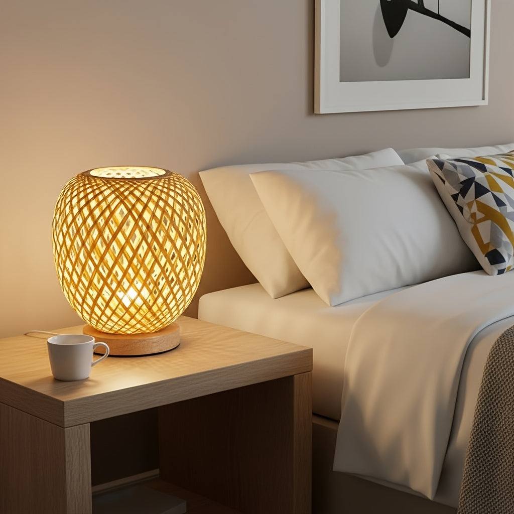Lampe de chevet en bambou tressé sur socle bois, petit format 16 cm
