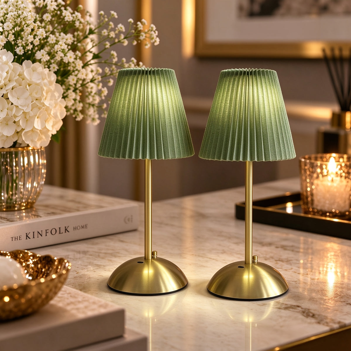 Lot de 2 lampes sans fil à abat-jour plissé vert, socle doré