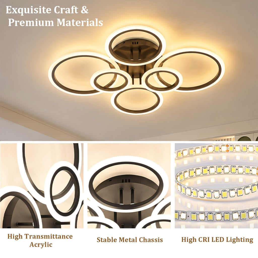 Grand plafonnier LED à 6 anneaux, doré ou noir, 79 cm, trois teintes