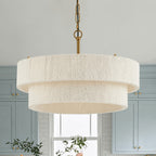 Lustre tambour à deux étages effet tissé blanc, chaîne dorée, Ø 50 cm