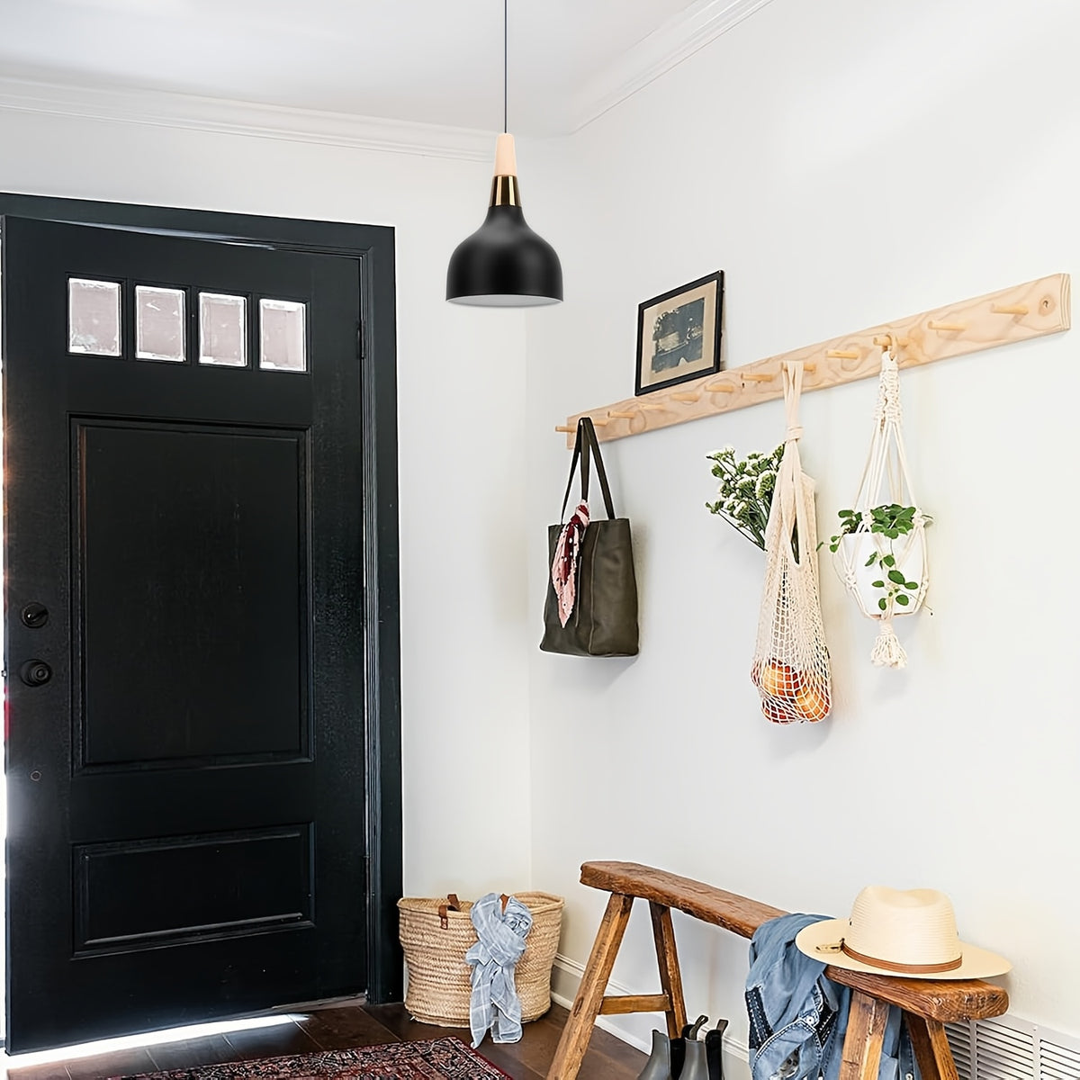 Suspension cloche noire mate à col effet bois et anneau doré, Ø 15 cm