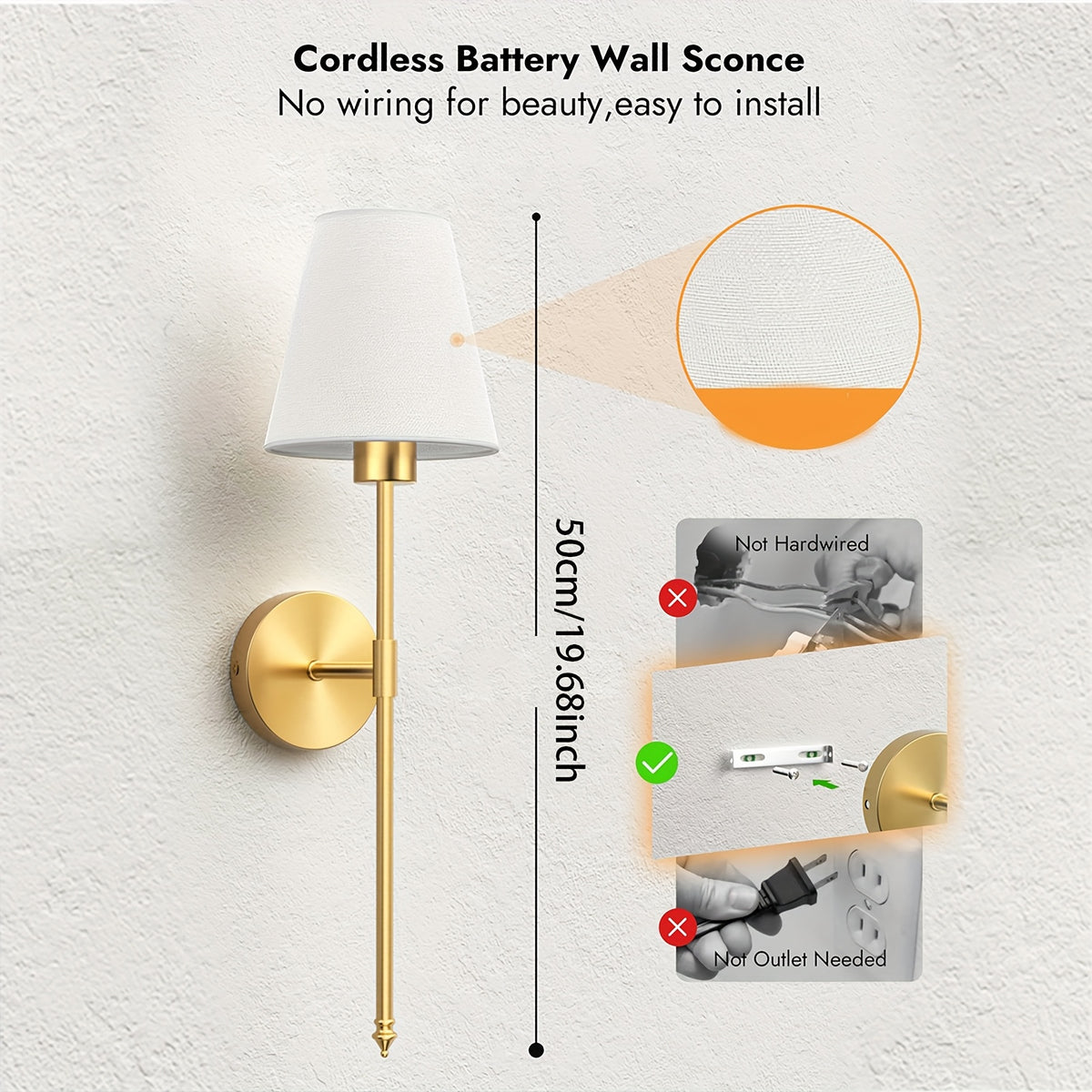 Lot de 2 appliques murales dorées sans fil, ampoules LED RVB