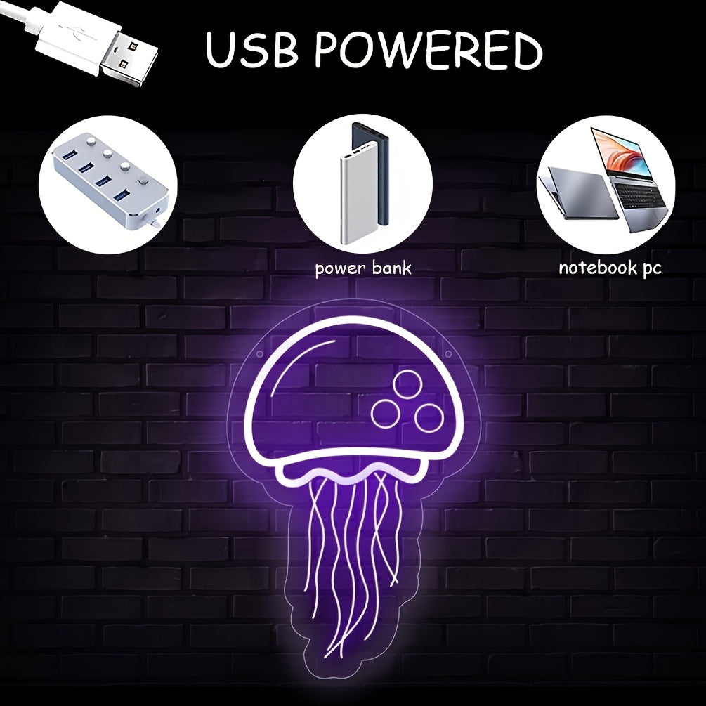 Néon LED méduse violette à accrocher au mur, 33 x 22 cm, USB
