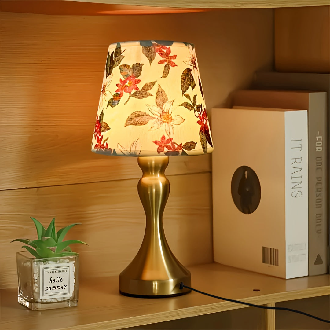 Lampe de chevet abat-jour à fleurs rouges, pied doré en sablier