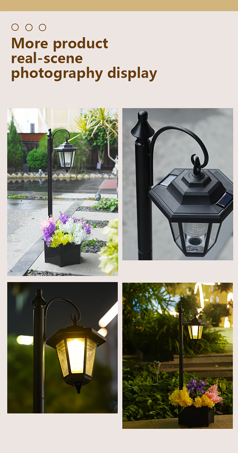 Lampadaire solaire 85 cm à jardinière hexagonale et lanterne suspendue