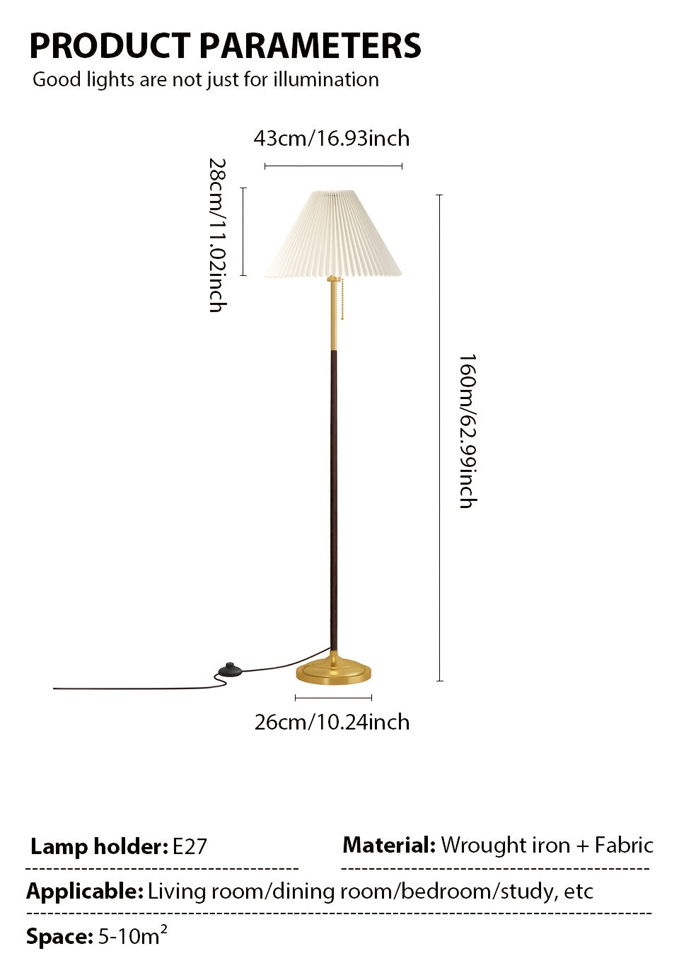 Lampadaire rétro à abat-jour plissé et finitions dorées, 160 cm