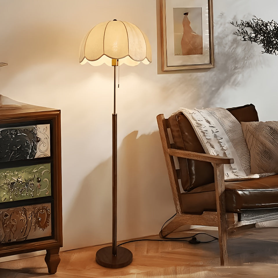 Lampadaire rétro à abat-jour festonné en tissu fleuri, 152 cm