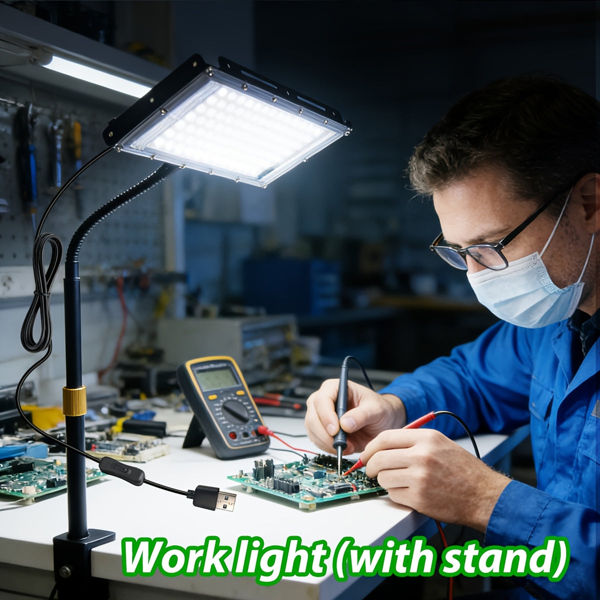 Lampe de travail à pince LED 6000 K, panneau plat, hauteur réglable