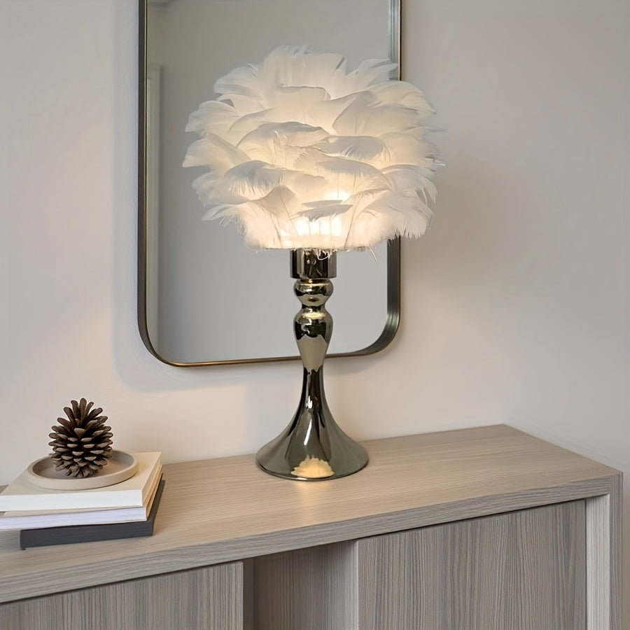 Lampe de chevet à plumes blanches sur pied doré, trois teintes