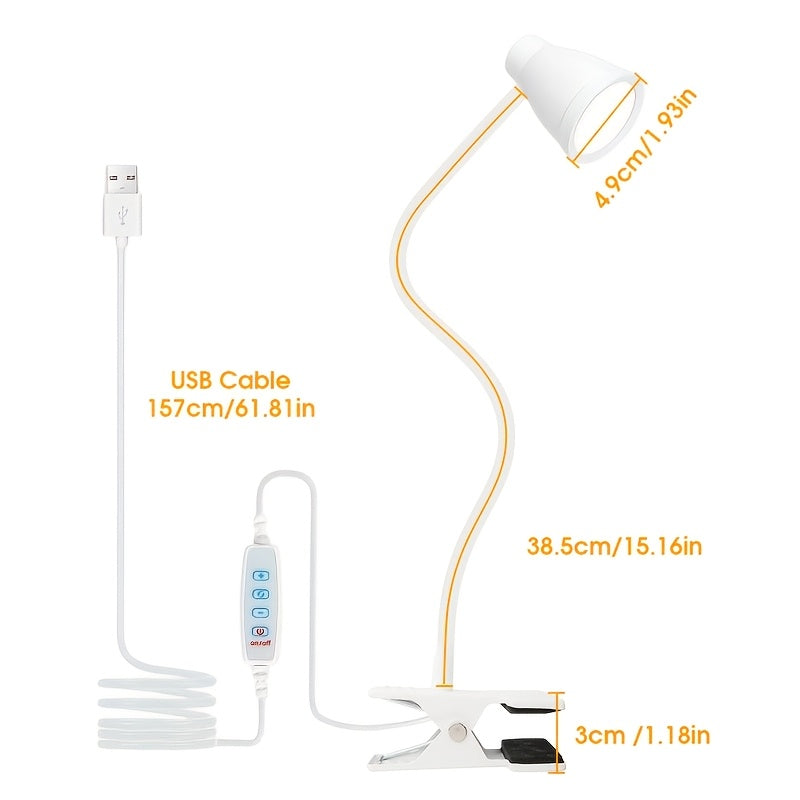 Lampe de bureau à pince blanche à tête conique, câble USB de 157 cm