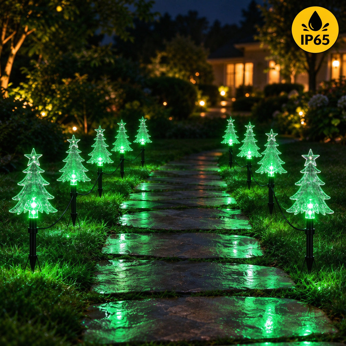 Guirlande de 10 sapins lumineux à piquer, lumière verte, à piles