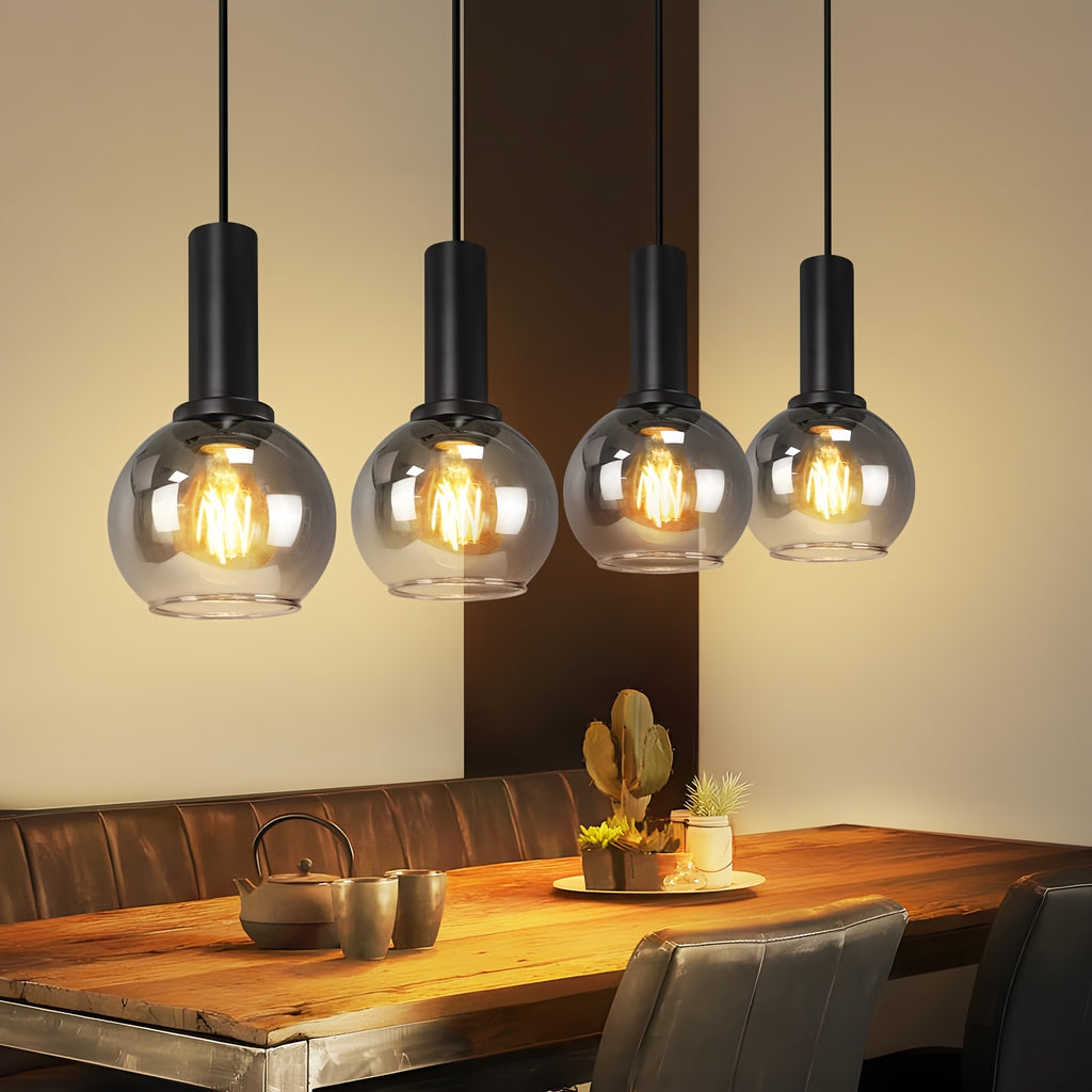 Suspension 3 globes en verre fumé sur barre noire, style vintage