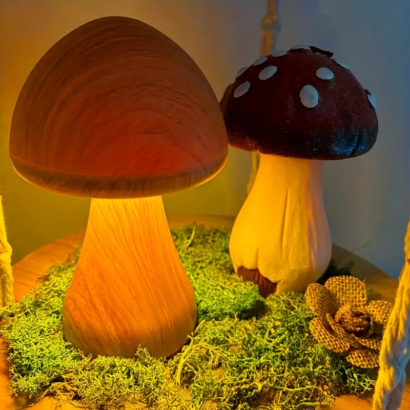 Lampe champignon effet bois, veilleuse tactile rechargeable 17 cm