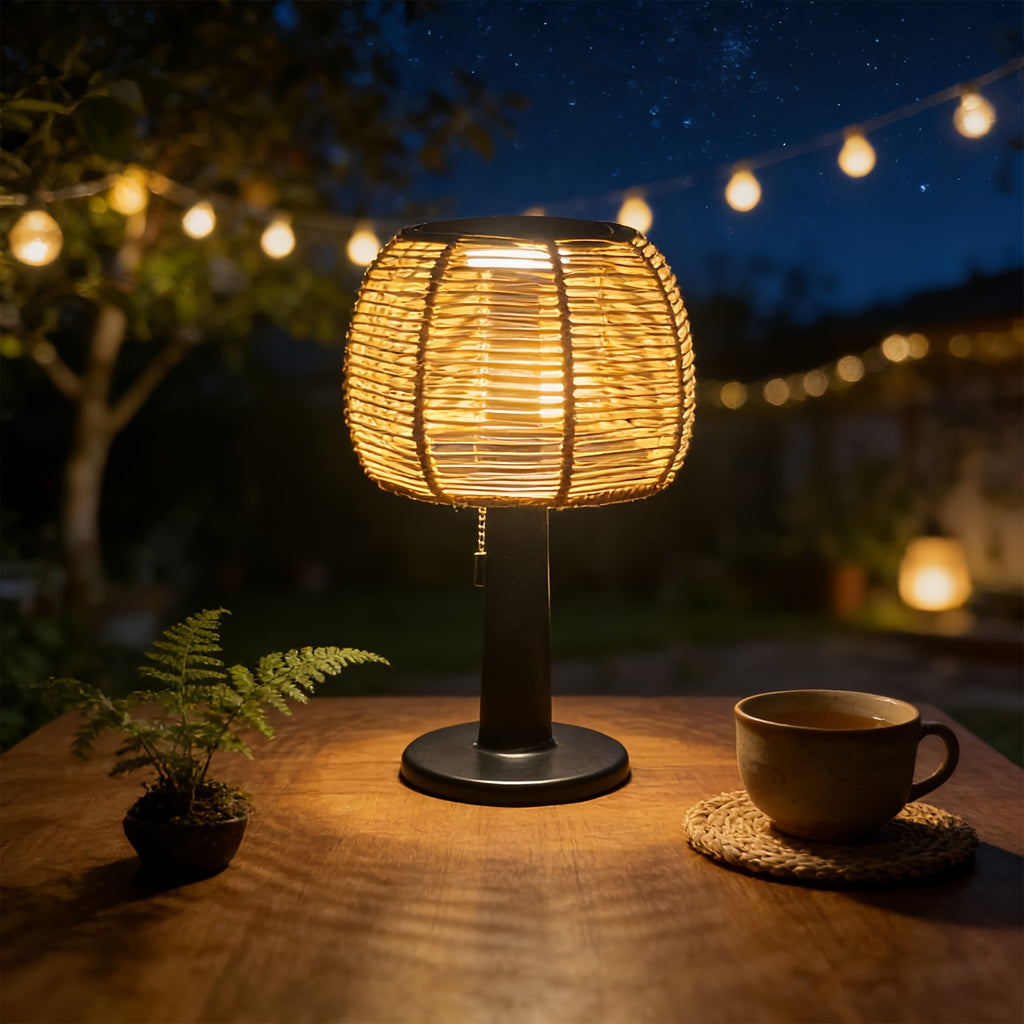 Lampe champignon solaire tressée effet rotin, chaînette, 33,5 cm