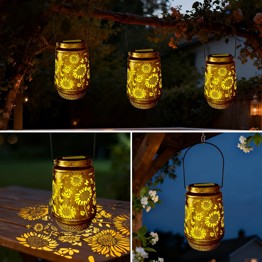Lanterne solaire ajourée de tournesols, projection de motifs au sol