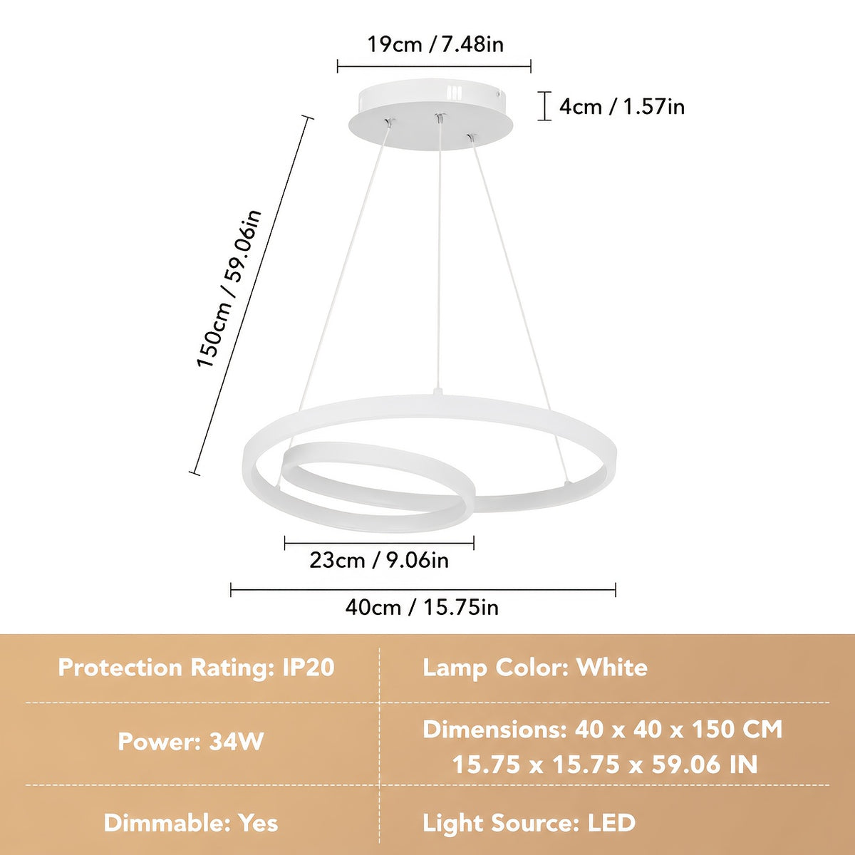 Lustre LED spirale à deux niveaux Ø 40 cm, blanc ou noir, 34 W