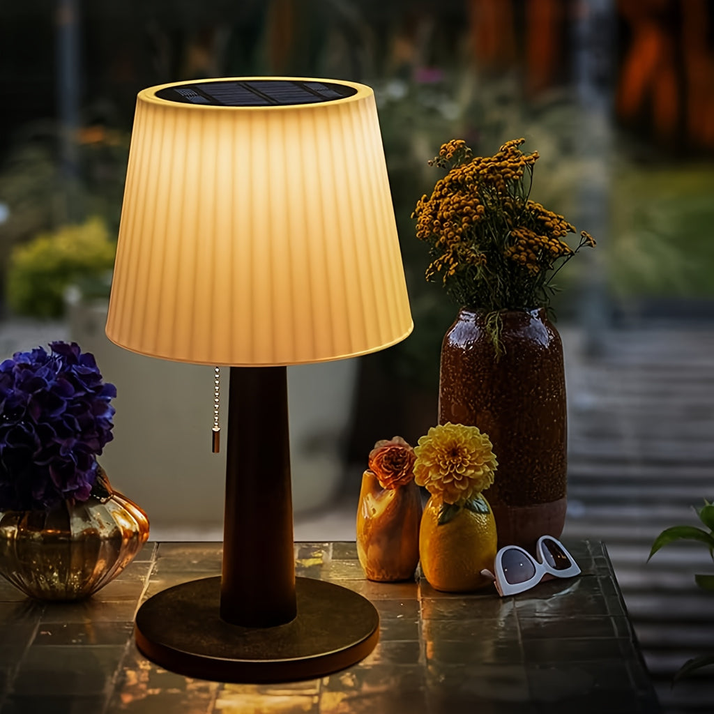 Lampe de table solaire à abat-jour blanc nervuré, 3 intensités