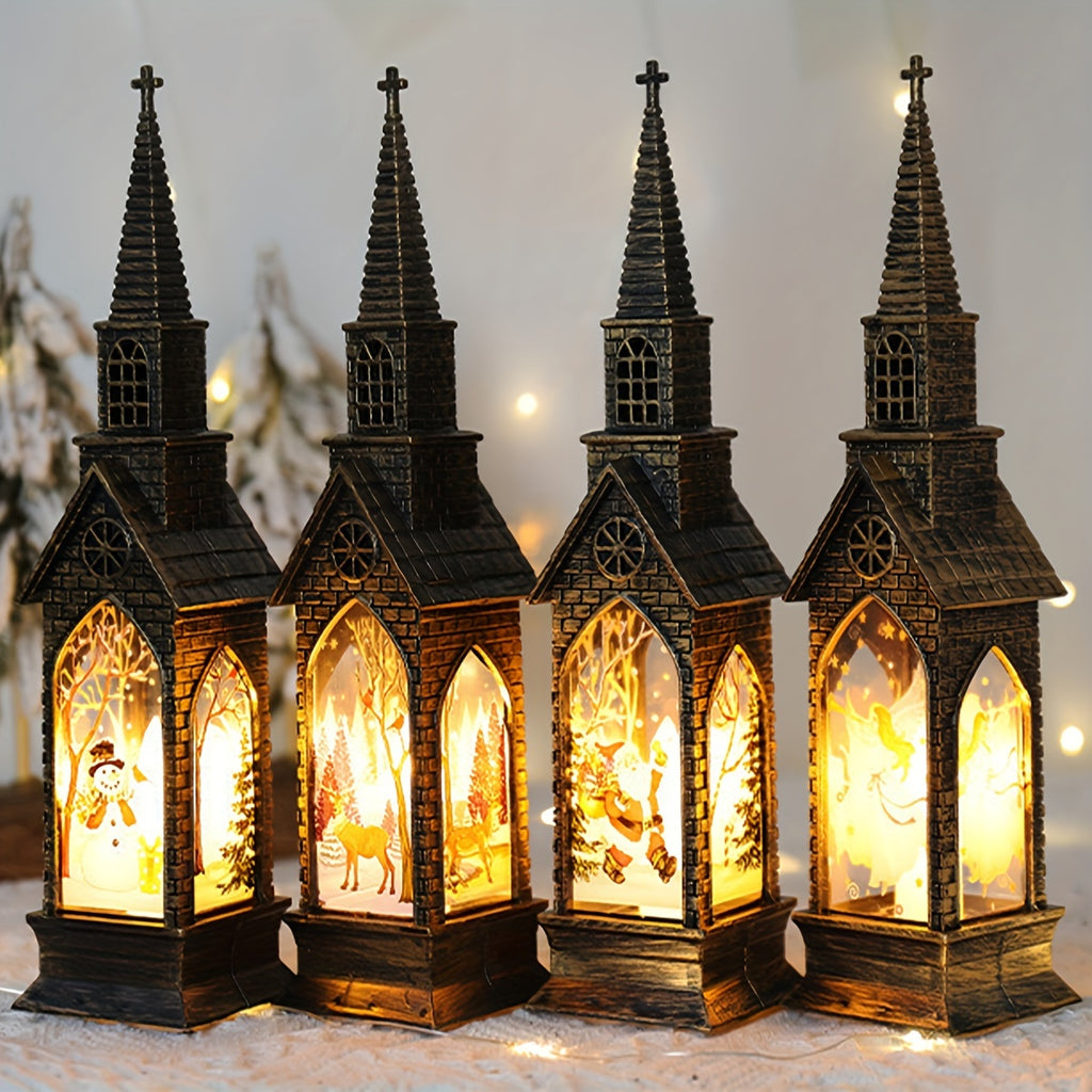 Lot de 4 lampes décoratives de Noël en forme d'église, à piles