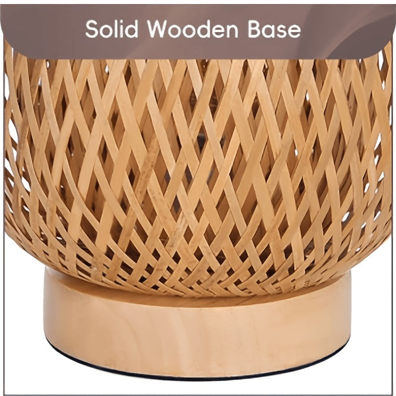 Lampe de chevet en bambou tressé, forme d'œuf sur socle en bois