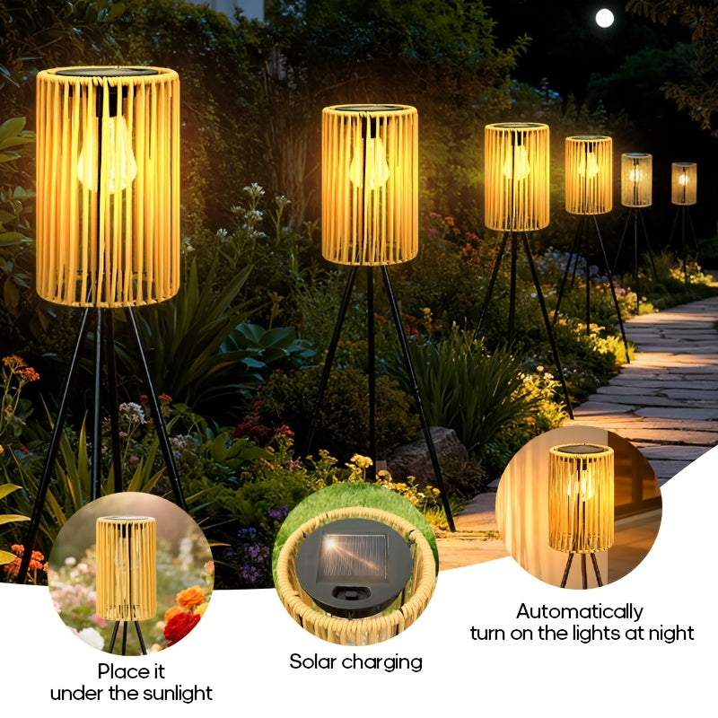 Lampadaire solaire d'extérieur sur trépied, lanterne tressée 78 cm