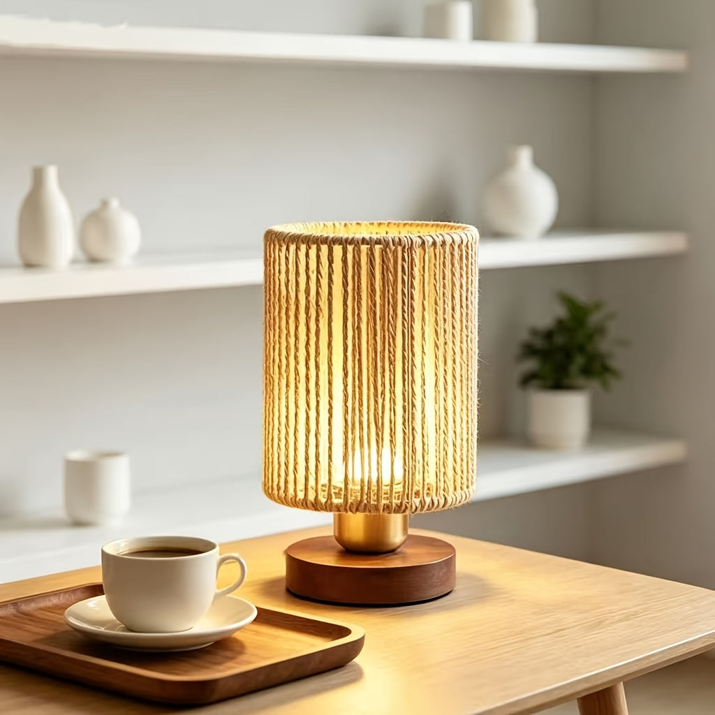 Petite lampe de chevet à cordelette tressée ajourée, socle en bois