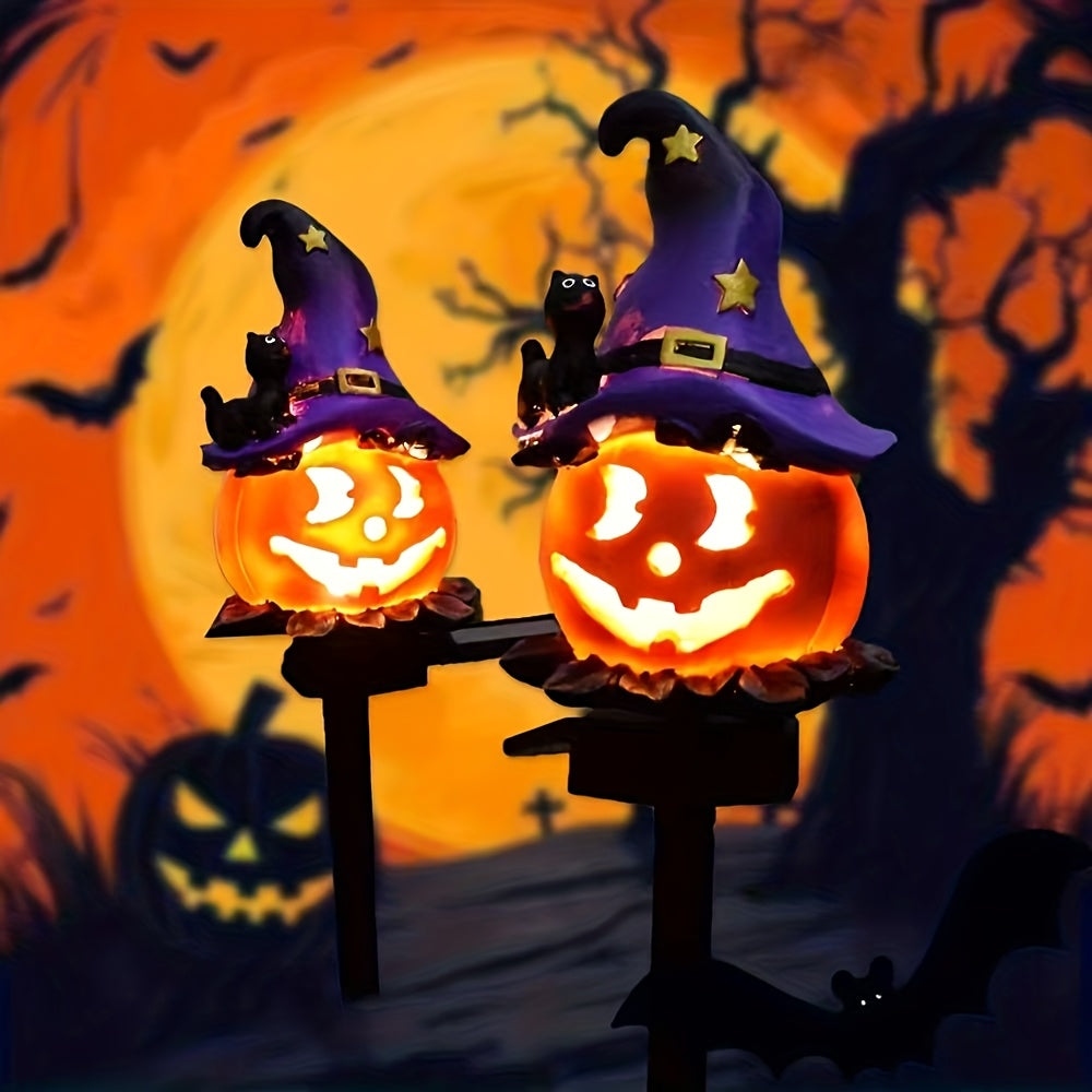 Balise solaire citrouille à chapeau de sorcière et chat noir, 45 cm