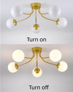 Plafonnier 5 globes en verre opalin, bras doré ou noir, 78 cm