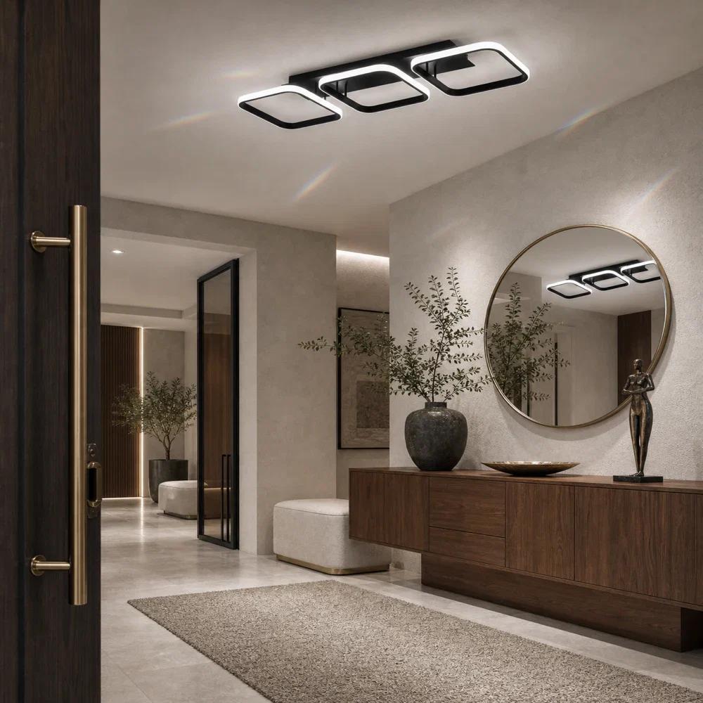 Plafonnier LED à trois carrés lumineux noirs, 53 cm, trois teintes