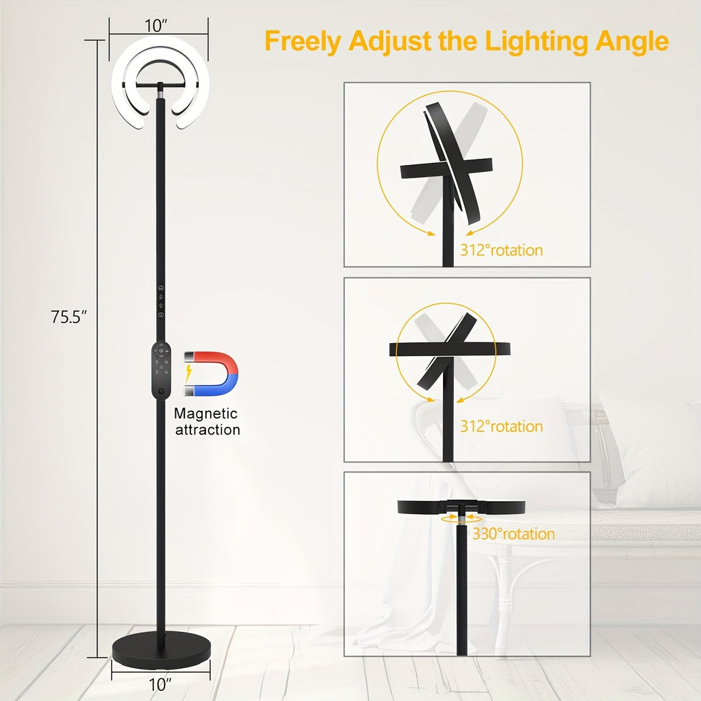 Lampadaire noir à anneaux LED rotatifs 36 W, réglable en continu