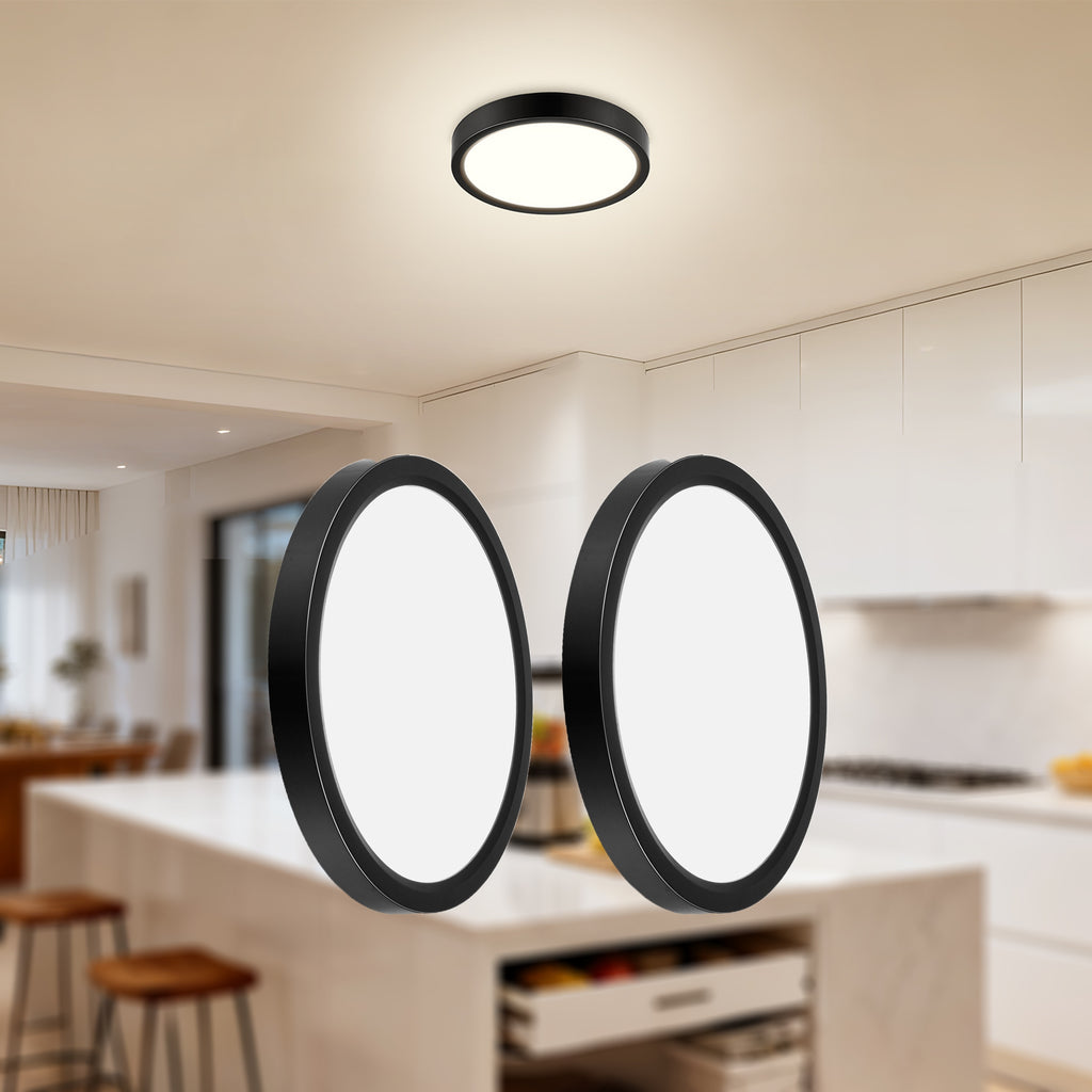 Lot de 2 plafonniers LED ronds noirs extra-plats, Ø 18 cm, 20 W
