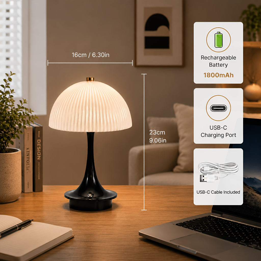 Lampe champignon sans fil à dôme nervuré, pied noir, blanc ou orange