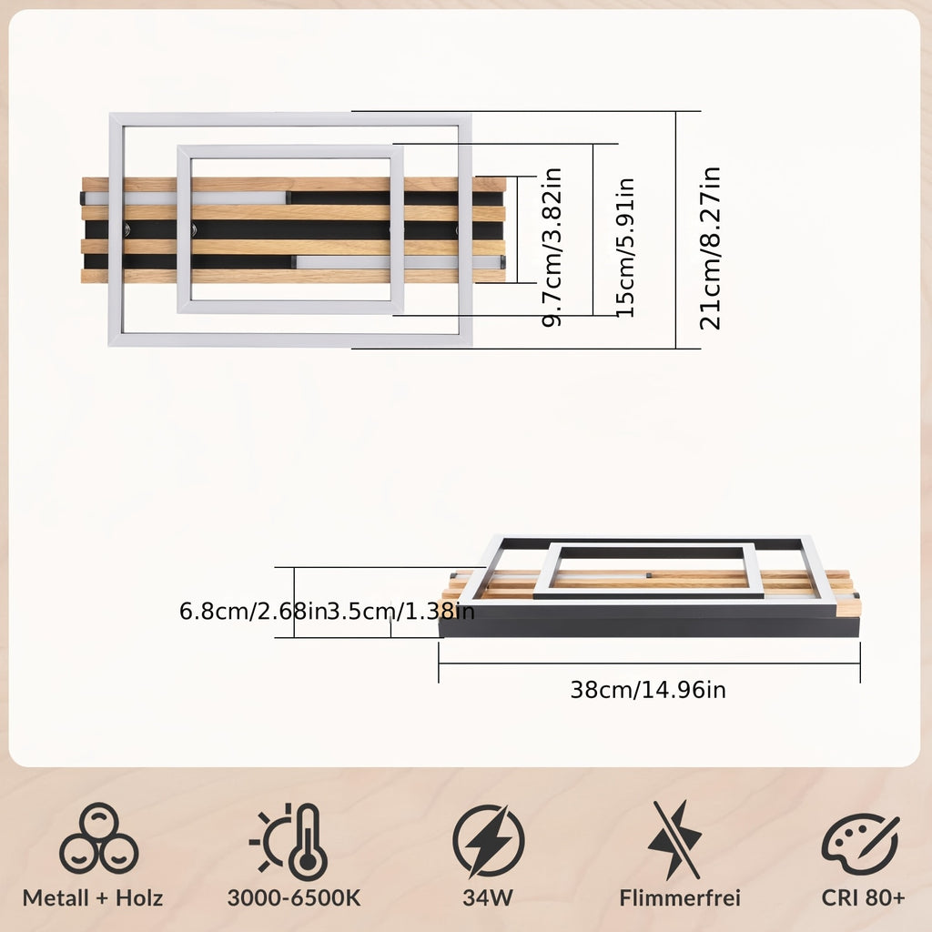 Plafonnier LED compact 38 cm, lattes de bois et cadres noirs