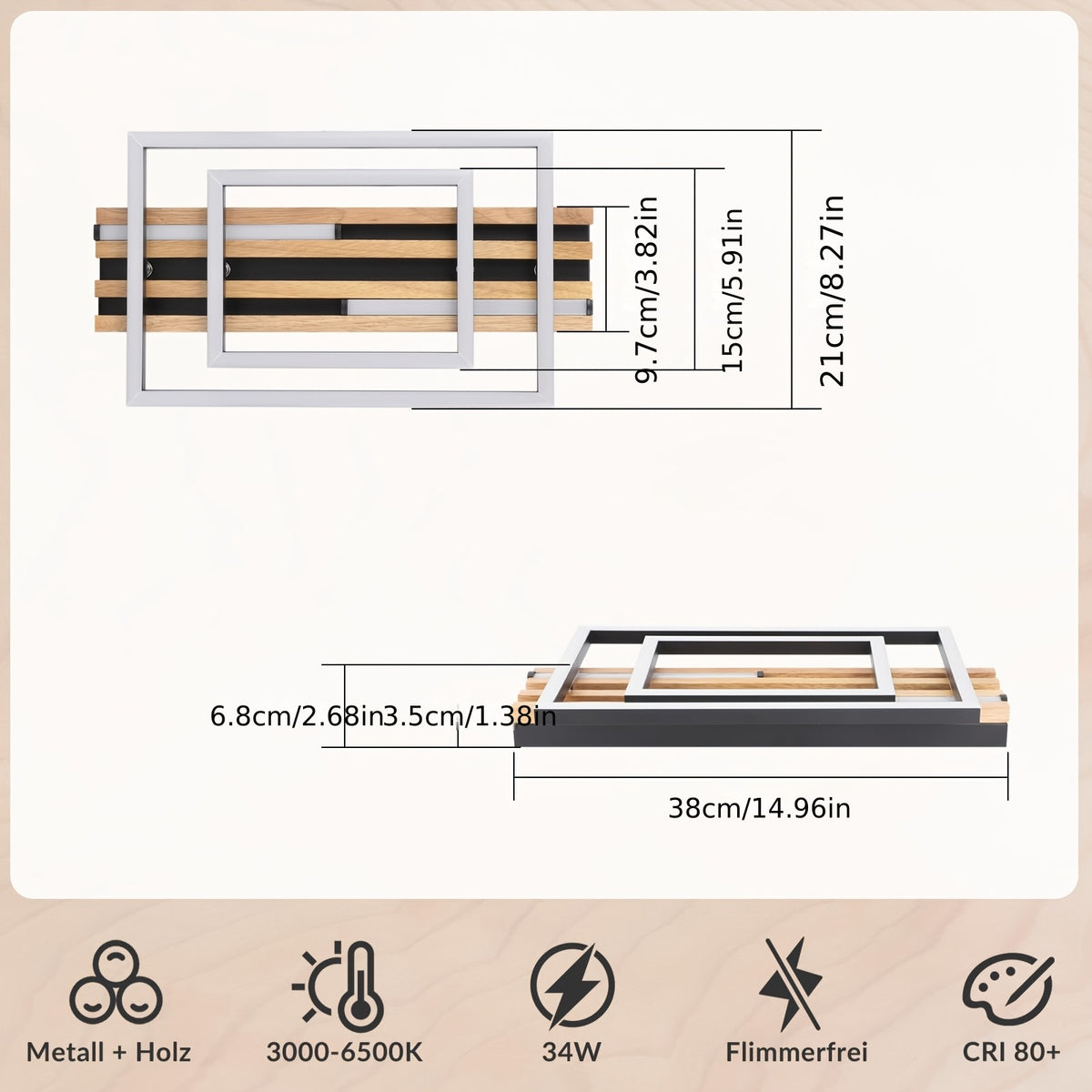 Plafonnier LED compact 38 cm, lattes de bois et cadres noirs
