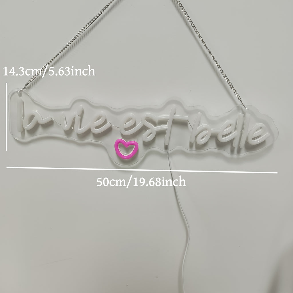 Enseigne néon LED « La vie est belle » blanc chaud et cœur rose